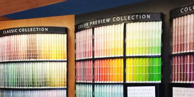 Wall of color swatches at Reno Paint Mart Reno interior design