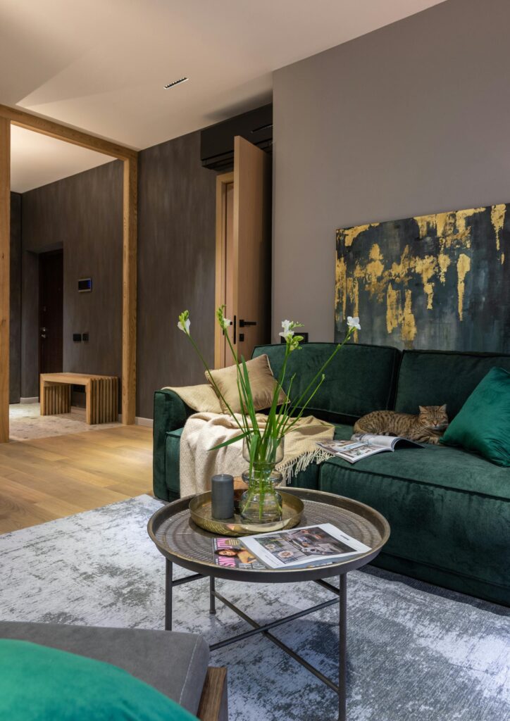 Stylish living room featuring modern wallpaper Reno homeowners use to create a bold accent wall with texture and color.