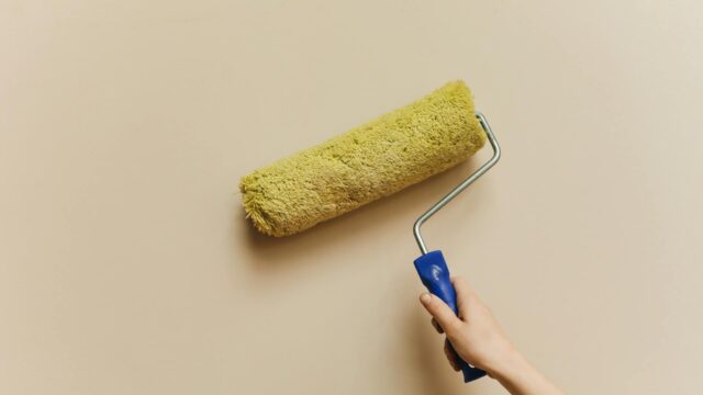Interior design reno process showing a hand holding a paint roller applying fresh wall paint for a home renovation project.